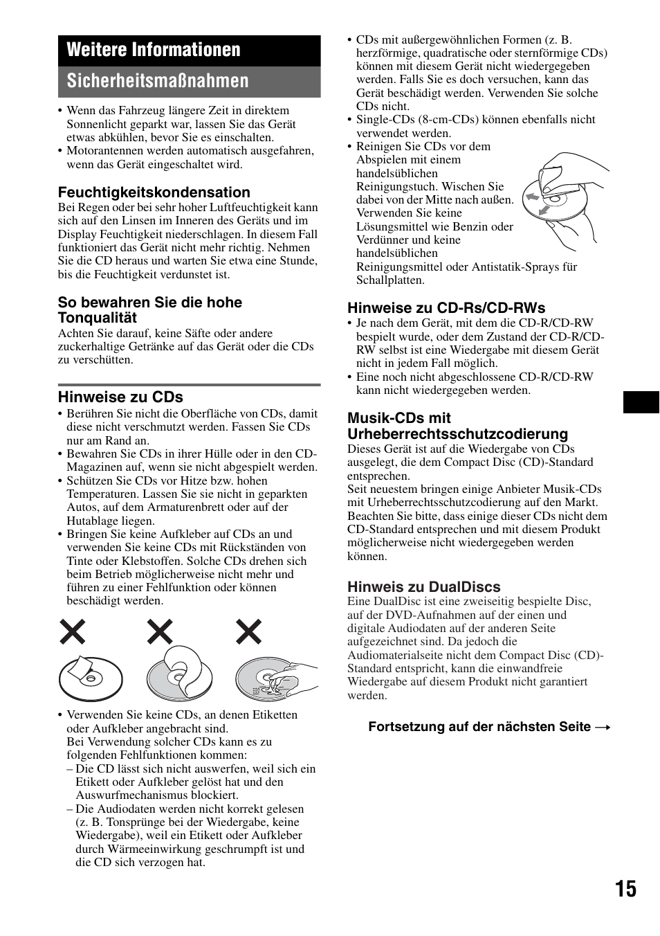 Weitere informationen, Sicherheitsmaßnahmen, Hinweise zu cds | Weitere informationen sicherheitsmaßnahmen | Sony CDX-RA550 User Manual | Page 33 / 100