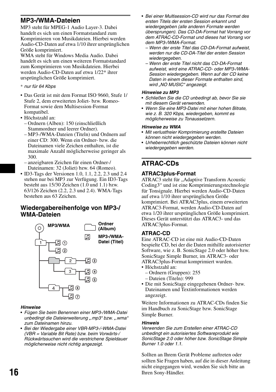 Mp3-/wma-dateien, Atrac-cds, Mp3-/wma-dateien atrac-cds | F seite 16, Seite 16, Wiedergabereihenfolge von mp3-/ wma-dateien | Sony CDX-RA550 User Manual | Page 34 / 100