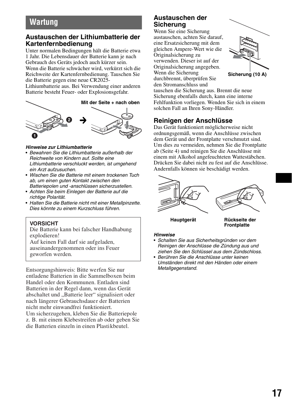 Wartung | Sony CDX-RA550 User Manual | Page 35 / 100