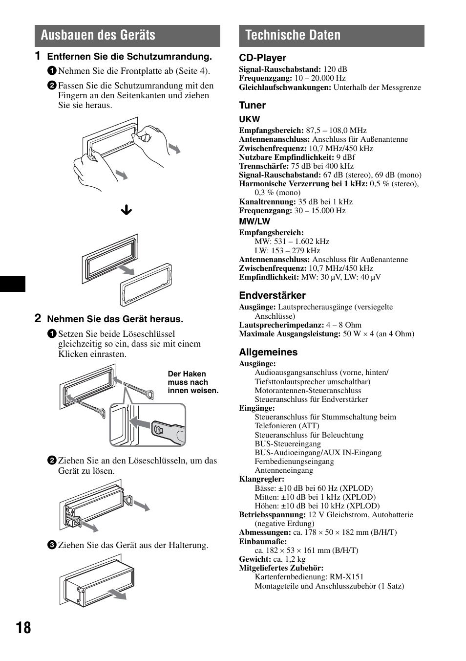 Ausbauen des geräts, Technische daten, Ausbauen des geräts technische daten | Sony CDX-RA550 User Manual | Page 36 / 100