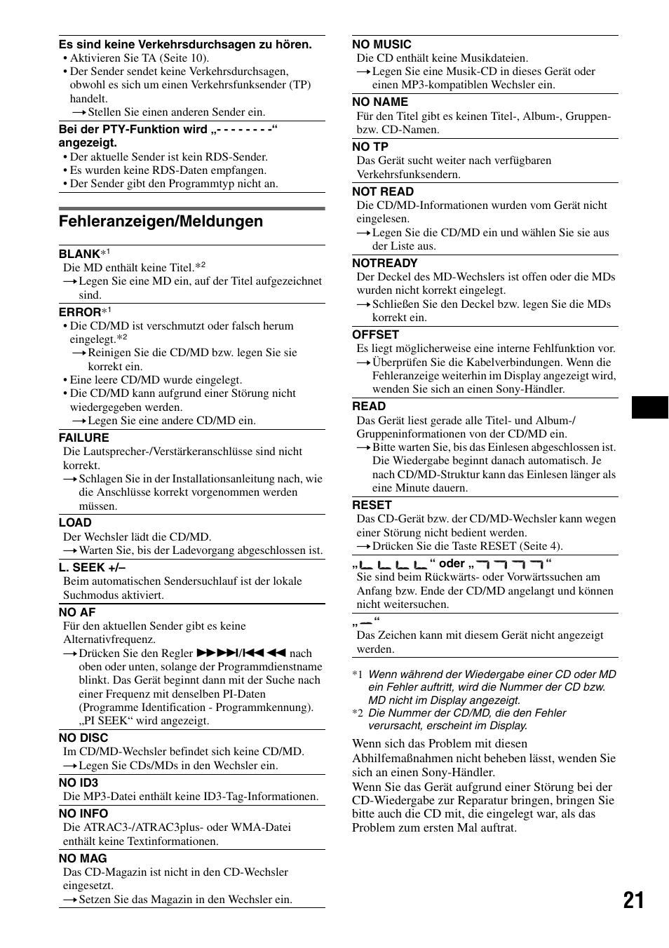 Fehleranzeigen/meldungen | Sony CDX-RA550 User Manual | Page 39 / 100