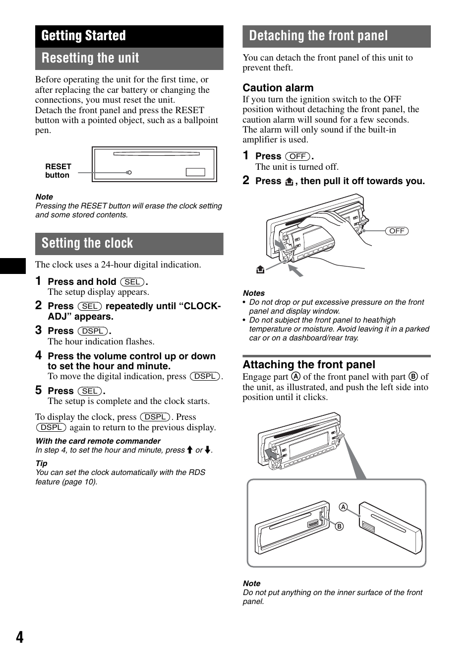 Getting started, Resetting the unit, Setting the clock | Detaching the front panel, Attaching the front panel, Getting started resetting the unit | Sony CDX-RA550 User Manual | Page 4 / 100