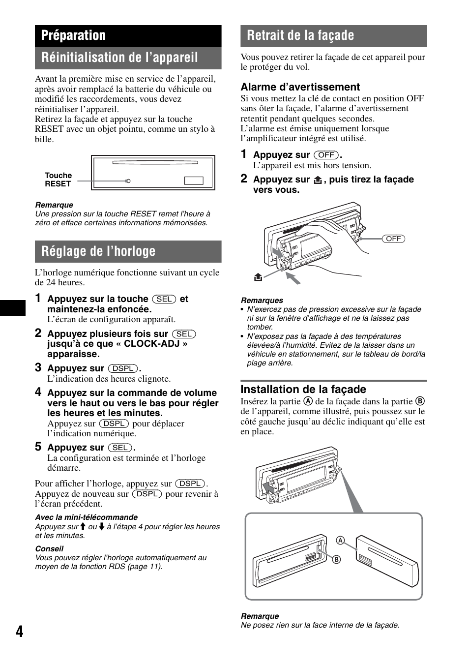 Préparation, Réinitialisation de l’appareil, Réglage de l’horloge | Retrait de la façade, Installation de la façade, Préparation réinitialisation de l’appareil | Sony CDX-RA550 User Manual | Page 42 / 100
