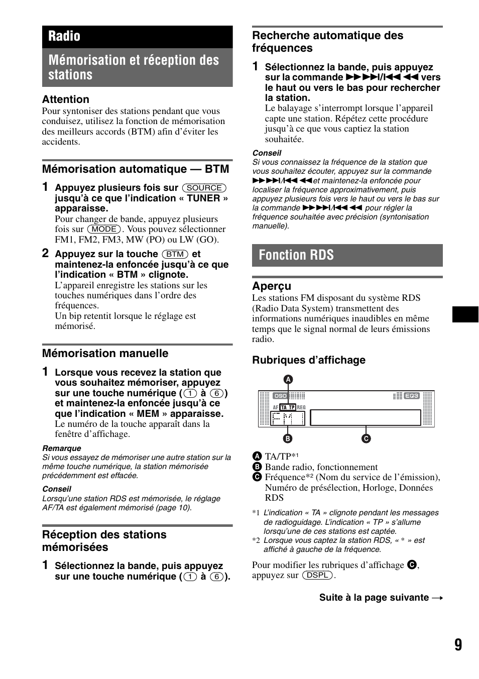 Radio, Mémorisation et réception des stations, Mémorisation automatique - btm | Mémorisation manuelle, Réception des stations mémorisées, Recherche automatique des fréquences, Fonction rds, Aperçu, Tm 9, Radio mémorisation et réception des stations | Sony CDX-RA550 User Manual | Page 47 / 100