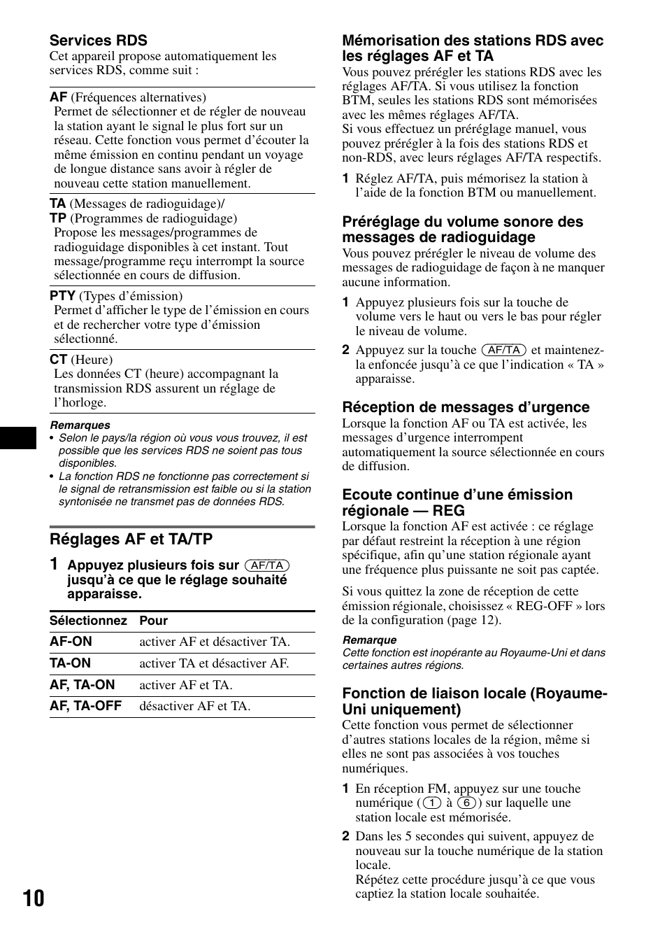 Réglages af et ta/tp | Sony CDX-RA550 User Manual | Page 48 / 100