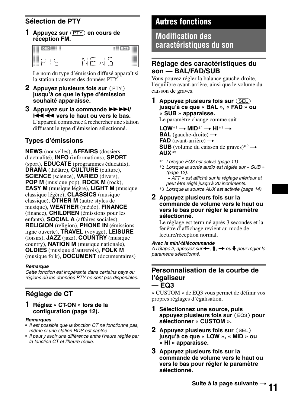 Sélection de pty, Réglage de ct, Autres fonctions | Modification des caractéristiques du son, Réglage des caractéristiques du son - bal/fad/sub, Personnalisation de la courbe de l’égaliseur - eq3, Sélection de pty réglage de ct | Sony CDX-RA550 User Manual | Page 49 / 100