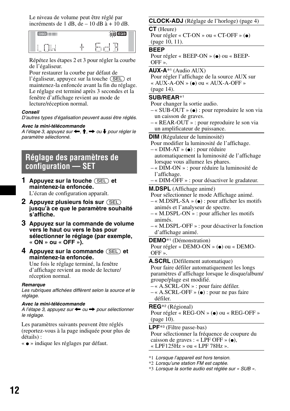 Réglage des paramètres de configuration - set, Réglage des paramètres de configuration — set | Sony CDX-RA550 User Manual | Page 50 / 100