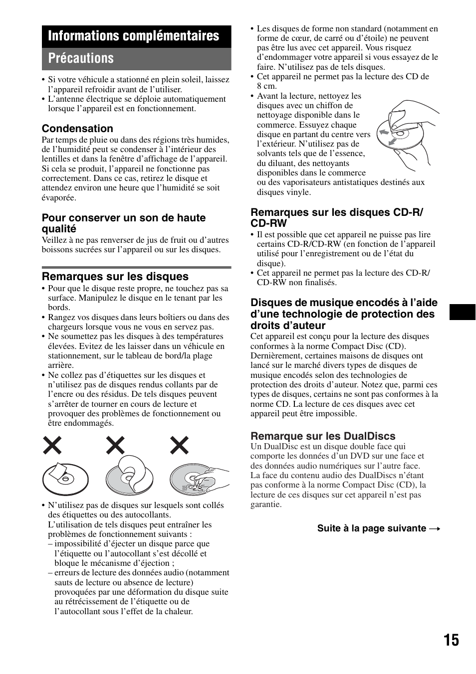 Informations complémentaires, Précautions, Remarques sur les disques | Informations complémentaires précautions | Sony CDX-RA550 User Manual | Page 53 / 100
