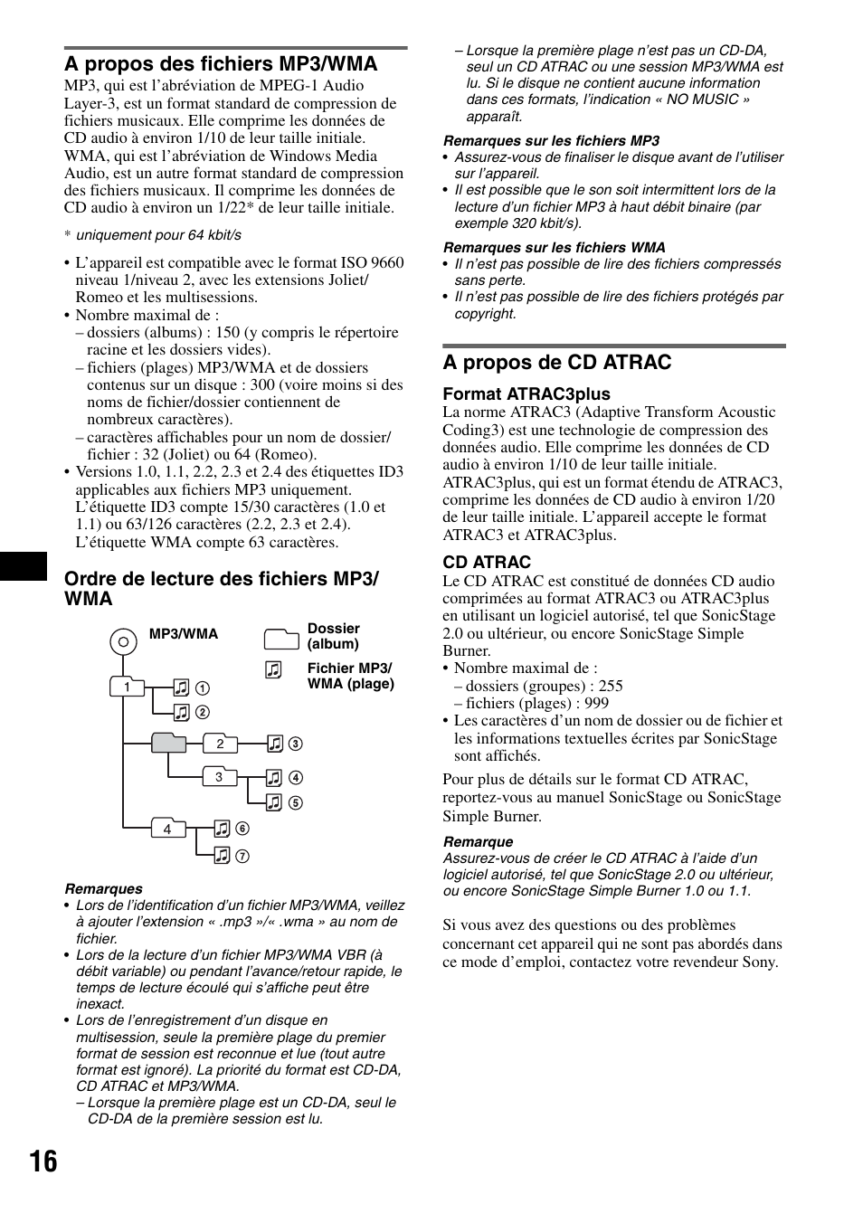 A propos des fichiers mp3/wma, A propos de cd atrac, A propos des fichiers mp3/wma a propos de cd atrac | Ordre de lecture des fichiers mp3/ wma | Sony CDX-RA550 User Manual | Page 54 / 100