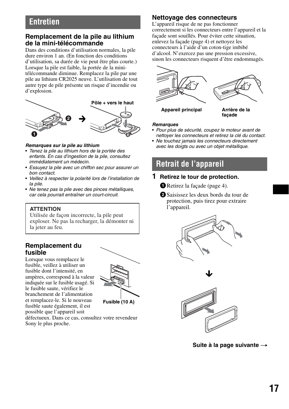 Entretien, Retrait de l’appareil, Entretien retrait de l’appareil | Sony CDX-RA550 User Manual | Page 55 / 100
