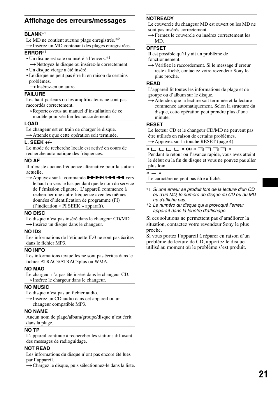 Affichage des erreurs/messages | Sony CDX-RA550 User Manual | Page 59 / 100