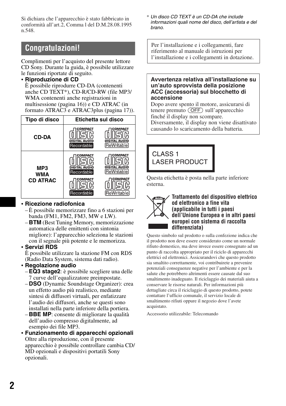 Congratulazioni | Sony CDX-RA550 User Manual | Page 60 / 100