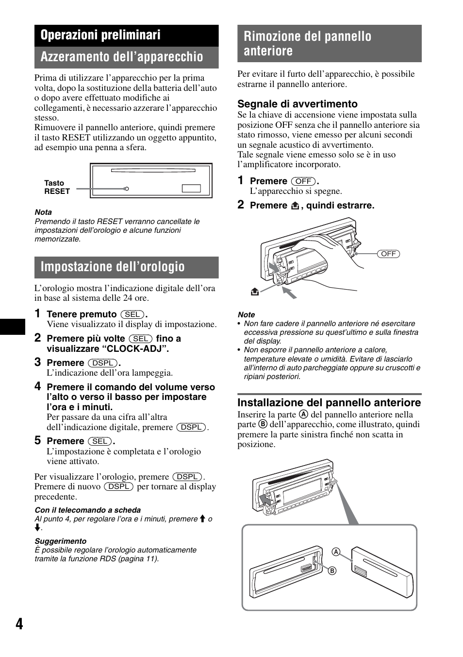 Operazioni preliminari, Azzeramento dell’apparecchio, Impostazione dell’orologio | Rimozione del pannello anteriore, Installazione del pannello anteriore | Sony CDX-RA550 User Manual | Page 62 / 100