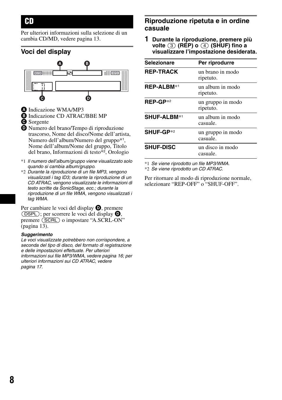 Voci del display, Riproduzione ripetuta e in ordine casuale | Sony CDX-RA550 User Manual | Page 66 / 100