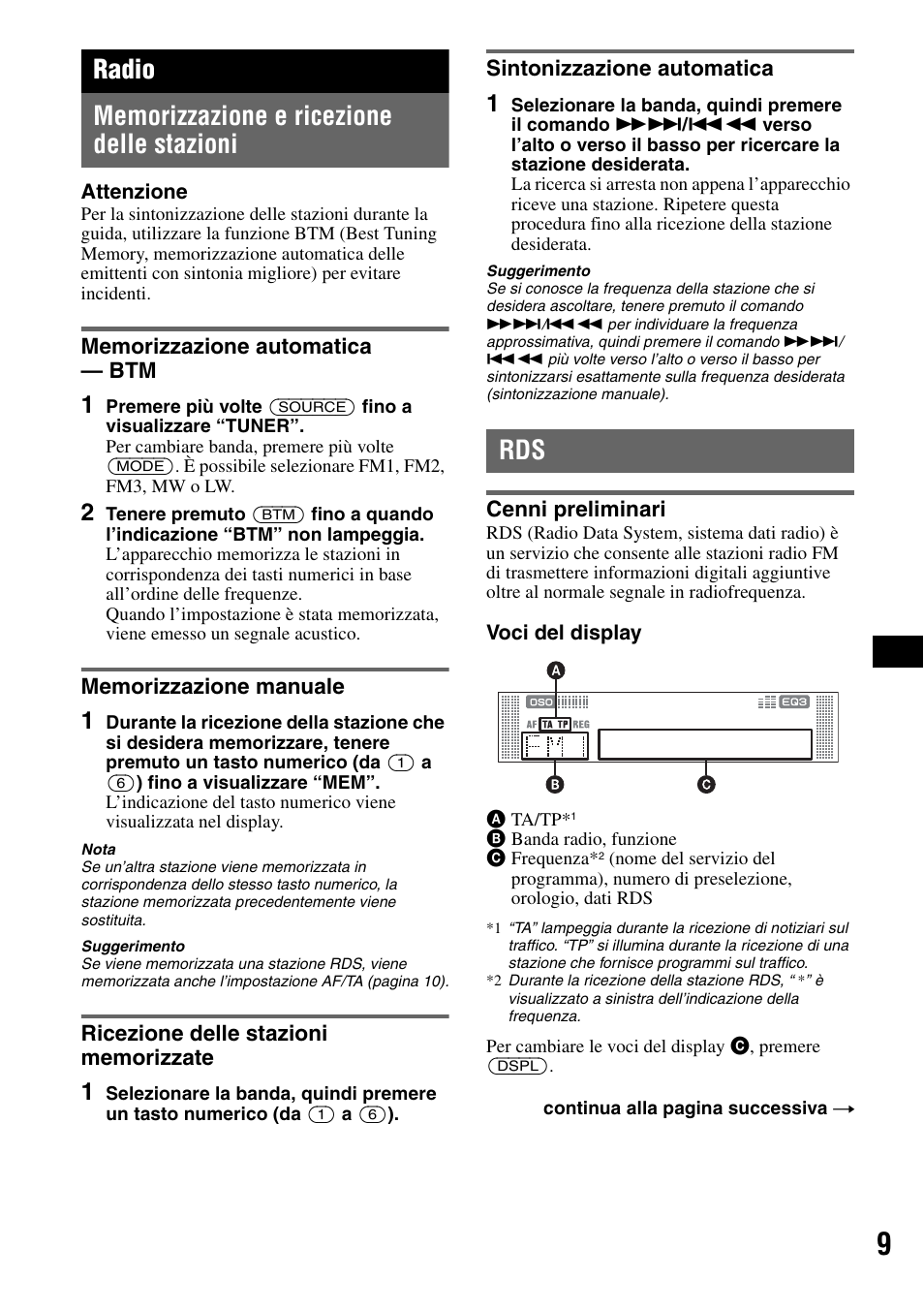 Radio, Memorizzazione e ricezione delle stazioni, Memorizzazione automatica - btm | Memorizzazione manuale, Ricezione delle stazioni memorizzate, Sintonizzazione automatica, Cenni preliminari, Tm 9 | Sony CDX-RA550 User Manual | Page 67 / 100