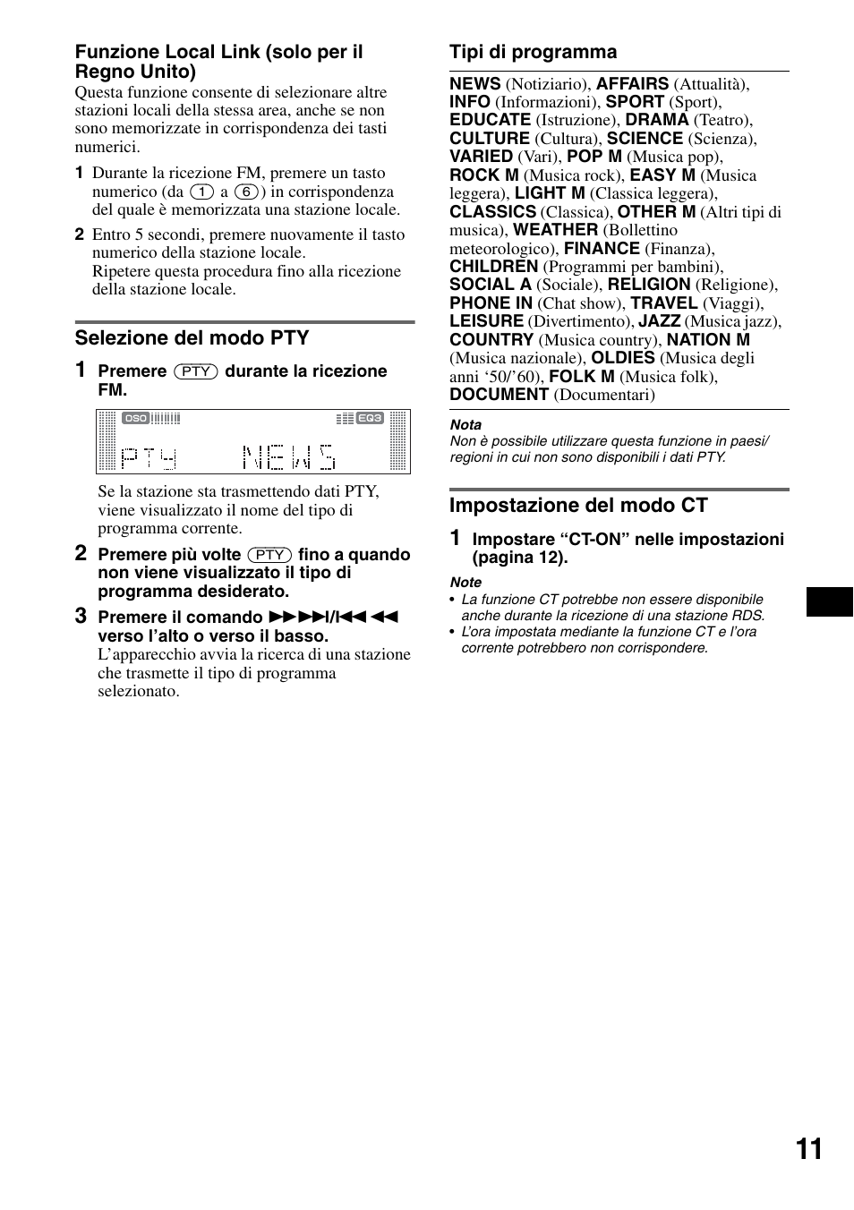Selezione del modo pty, Impostazione del modo ct, Selezione del modo pty impostazione del modo ct | Sony CDX-RA550 User Manual | Page 69 / 100