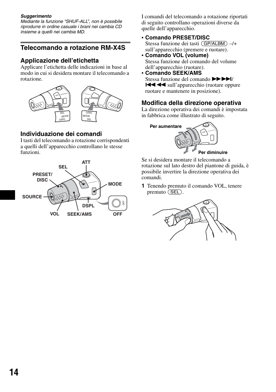 Telecomando a rotazione rm-x4s, Applicazione dell’etichetta, Individuazione dei comandi | Modifica della direzione operativa | Sony CDX-RA550 User Manual | Page 72 / 100