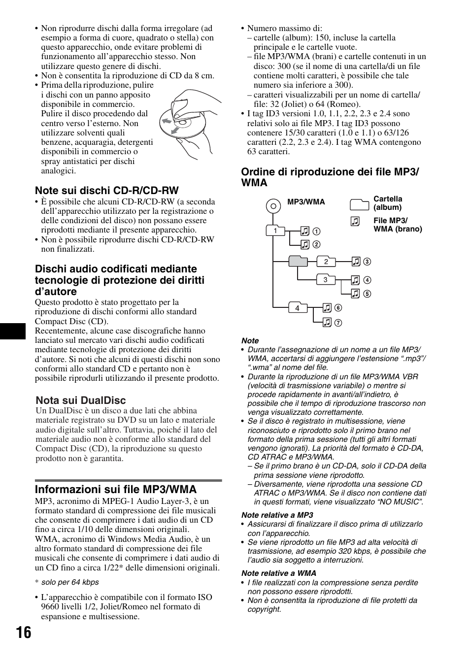 Informazioni sui file mp3/wma, Ordine di riproduzione dei file mp3/ wma, Nota sui dualdisc | Sony CDX-RA550 User Manual | Page 74 / 100