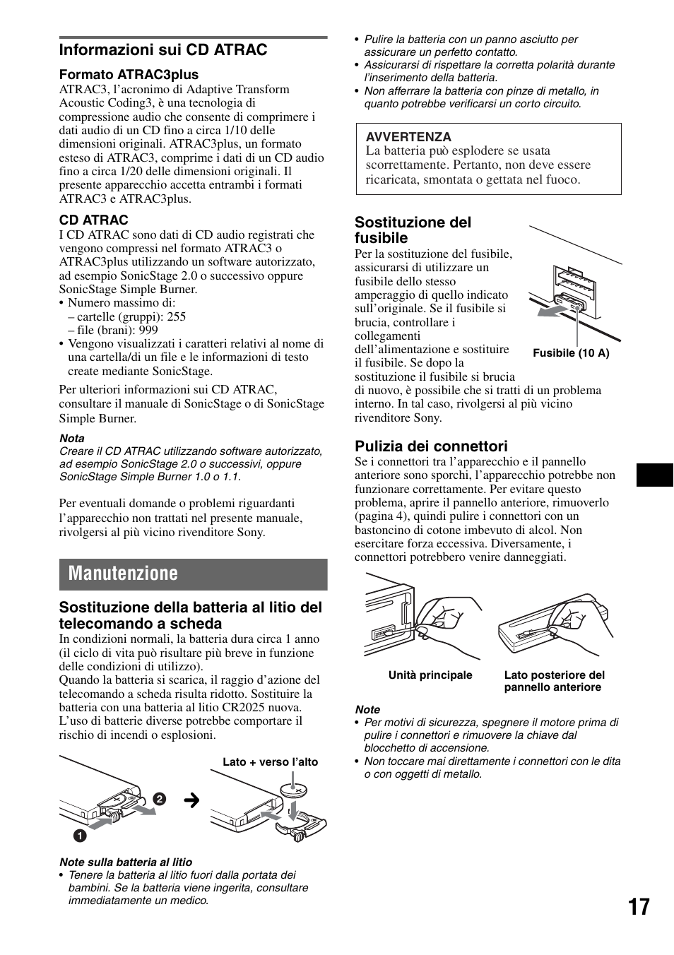 Informazioni sui cd atrac, Manutenzione | Sony CDX-RA550 User Manual | Page 75 / 100