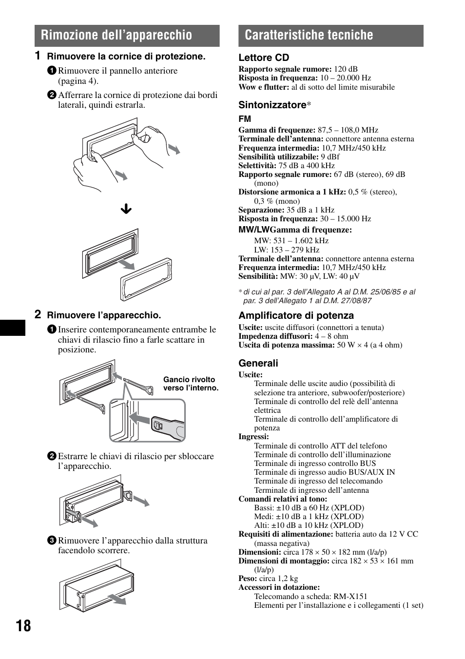 Rimozione dell’apparecchio, Caratteristiche tecniche | Sony CDX-RA550 User Manual | Page 76 / 100