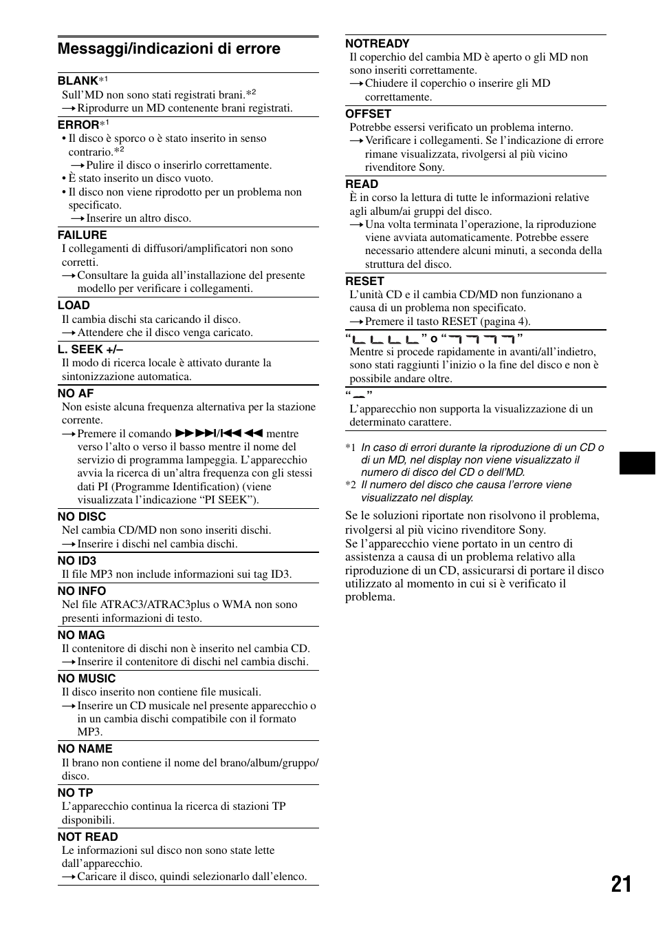 Messaggi/indicazioni di errore | Sony CDX-RA550 User Manual | Page 79 / 100