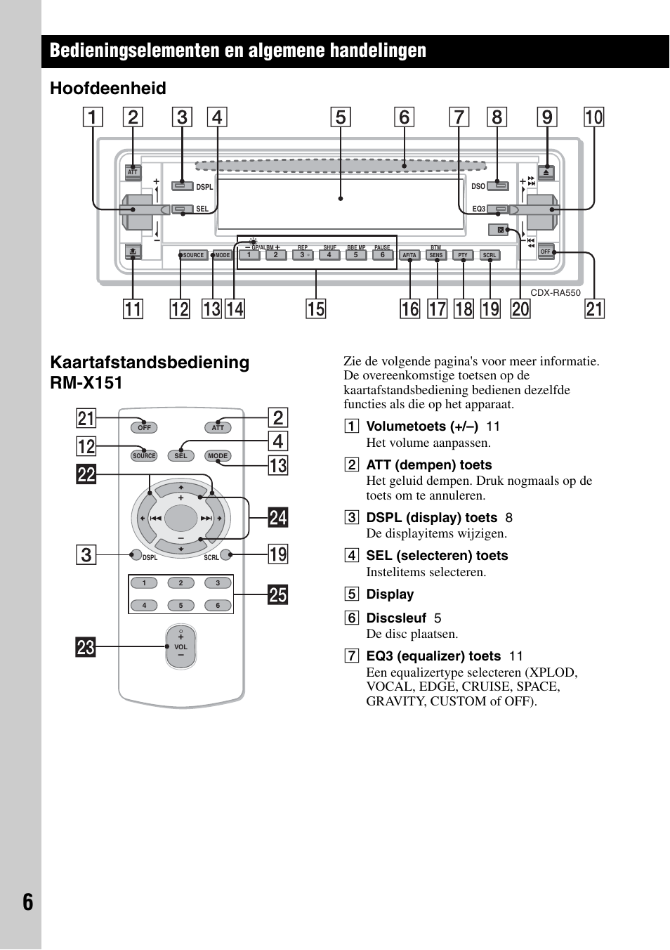 Bedieningselementen en algemene handelingen, Hoofdeenheid, Kaartafstandsbediening rm-x151 | Hoofdeenheid kaartafstandsbediening rm-x151 | Sony CDX-RA550 User Manual | Page 84 / 100