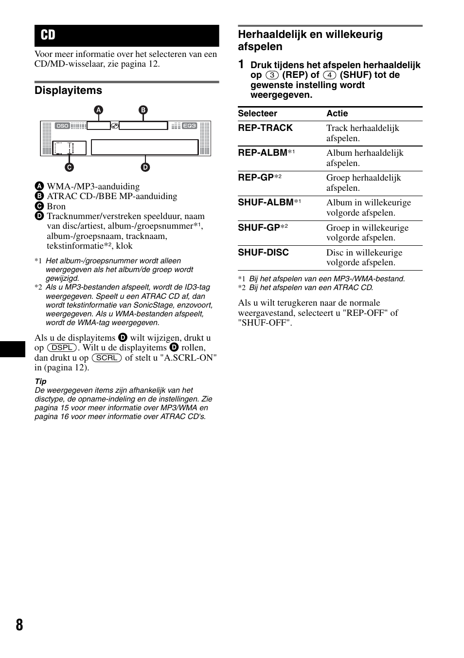 Displayitems, Herhaaldelijk en willekeurig afspelen, Displayitems herhaaldelijk en willekeurig afspelen | Sony CDX-RA550 User Manual | Page 86 / 100