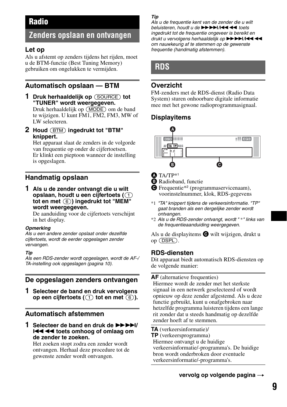 Radio, Zenders opslaan en ontvangen, Automatisch opslaan - btm | Handmatig opslaan, De opgeslagen zenders ontvangen, Automatisch afstemmen, Overzicht, Ets 9, Radio zenders opslaan en ontvangen | Sony CDX-RA550 User Manual | Page 87 / 100