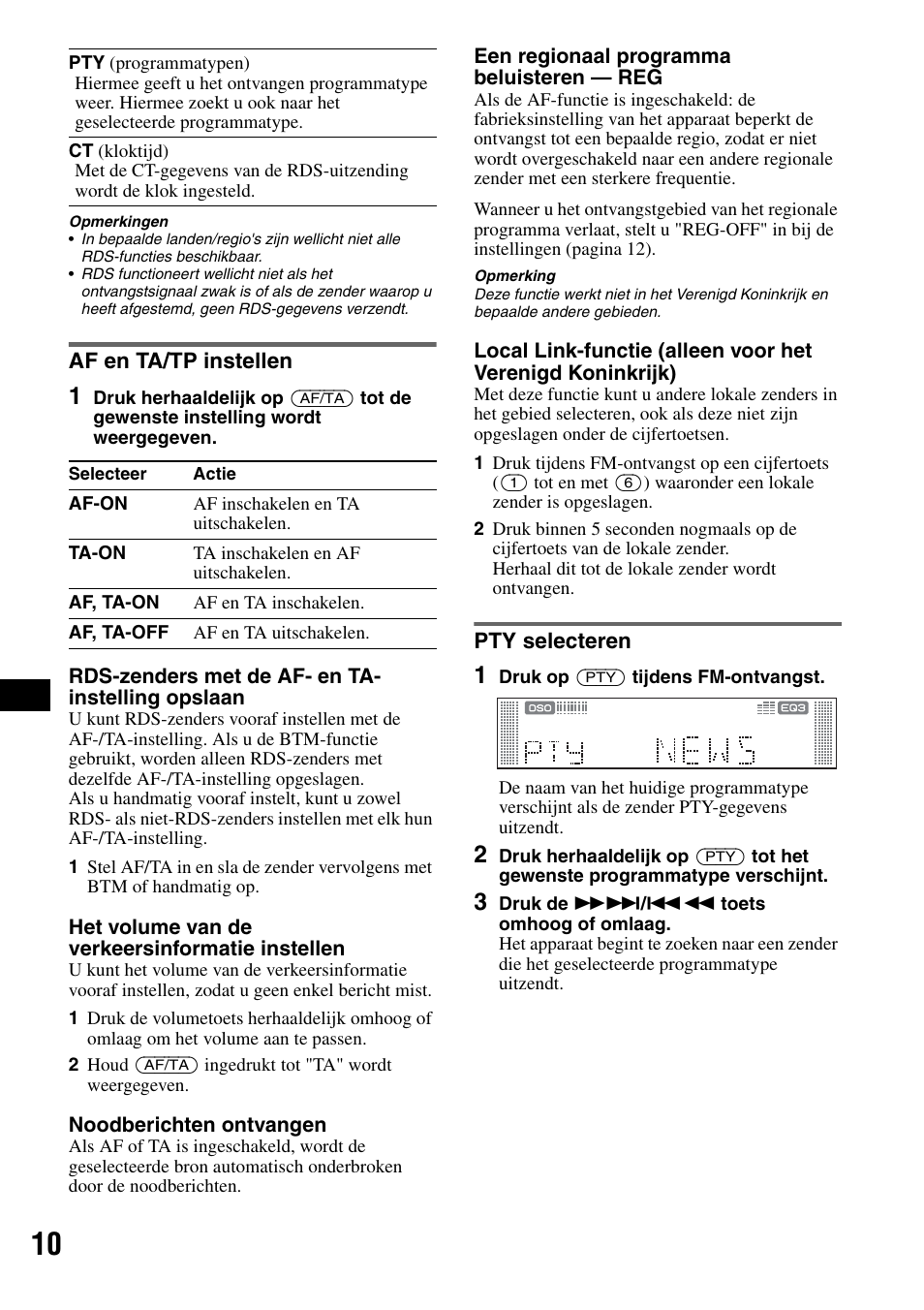 Af en ta/tp instellen, Pty selecteren, Af en ta/tp instellen pty selecteren | Sony CDX-RA550 User Manual | Page 88 / 100