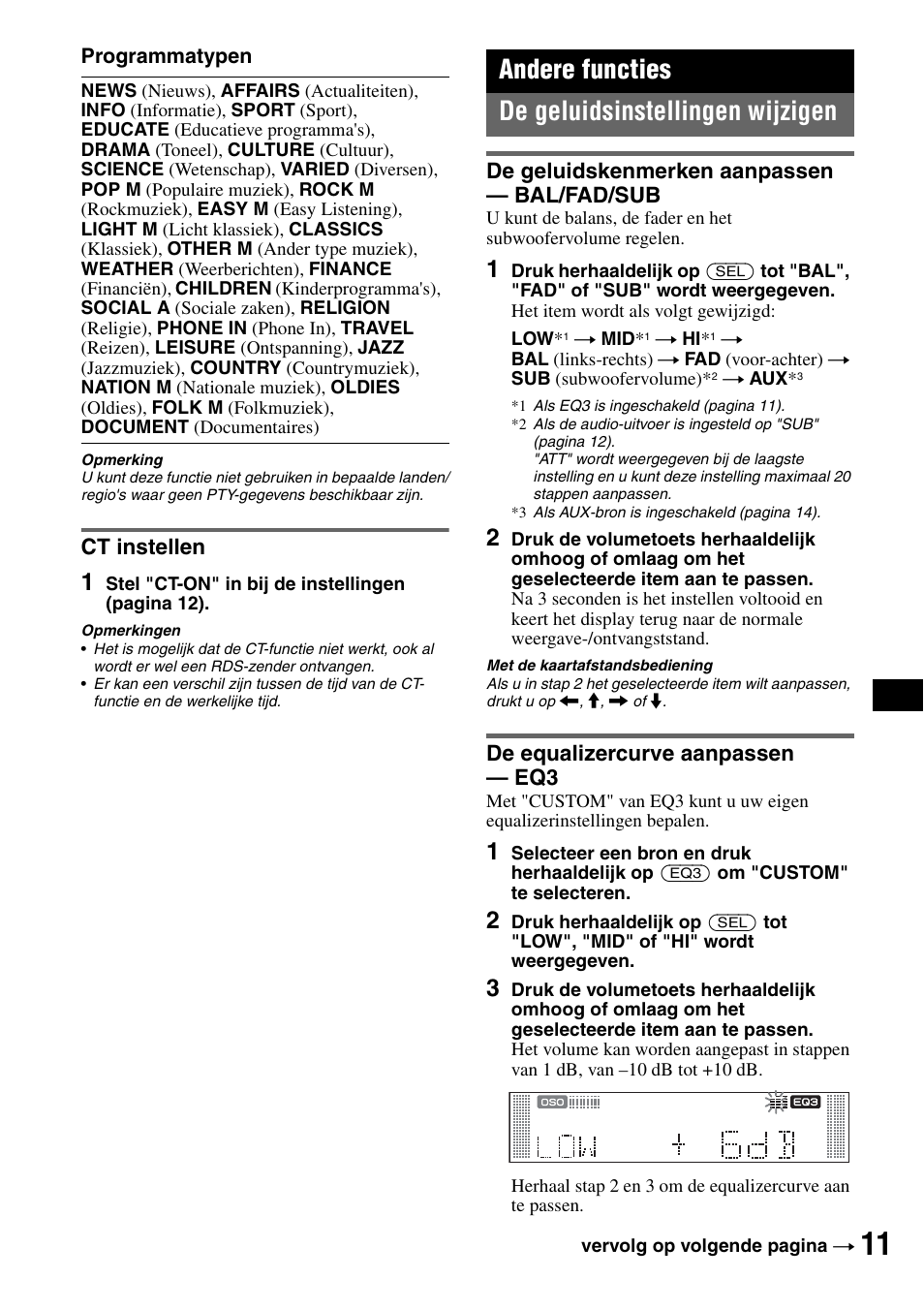 Ct instellen, Andere functies, De geluidsinstellingen wijzigen | De geluidskenmerken aanpassen - bal/fad/sub, De equalizercurve aanpassen - eq3, Ets 11, Andere functies de geluidsinstellingen wijzigen | Sony CDX-RA550 User Manual | Page 89 / 100