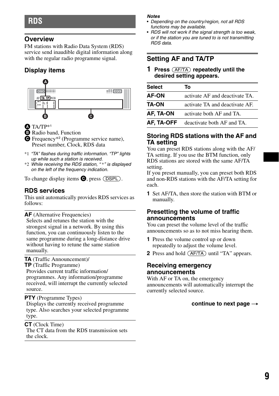 Overview, Setting af and ta/tp, Overview setting af and ta/tp | Sony CDX-RA550 User Manual | Page 9 / 100