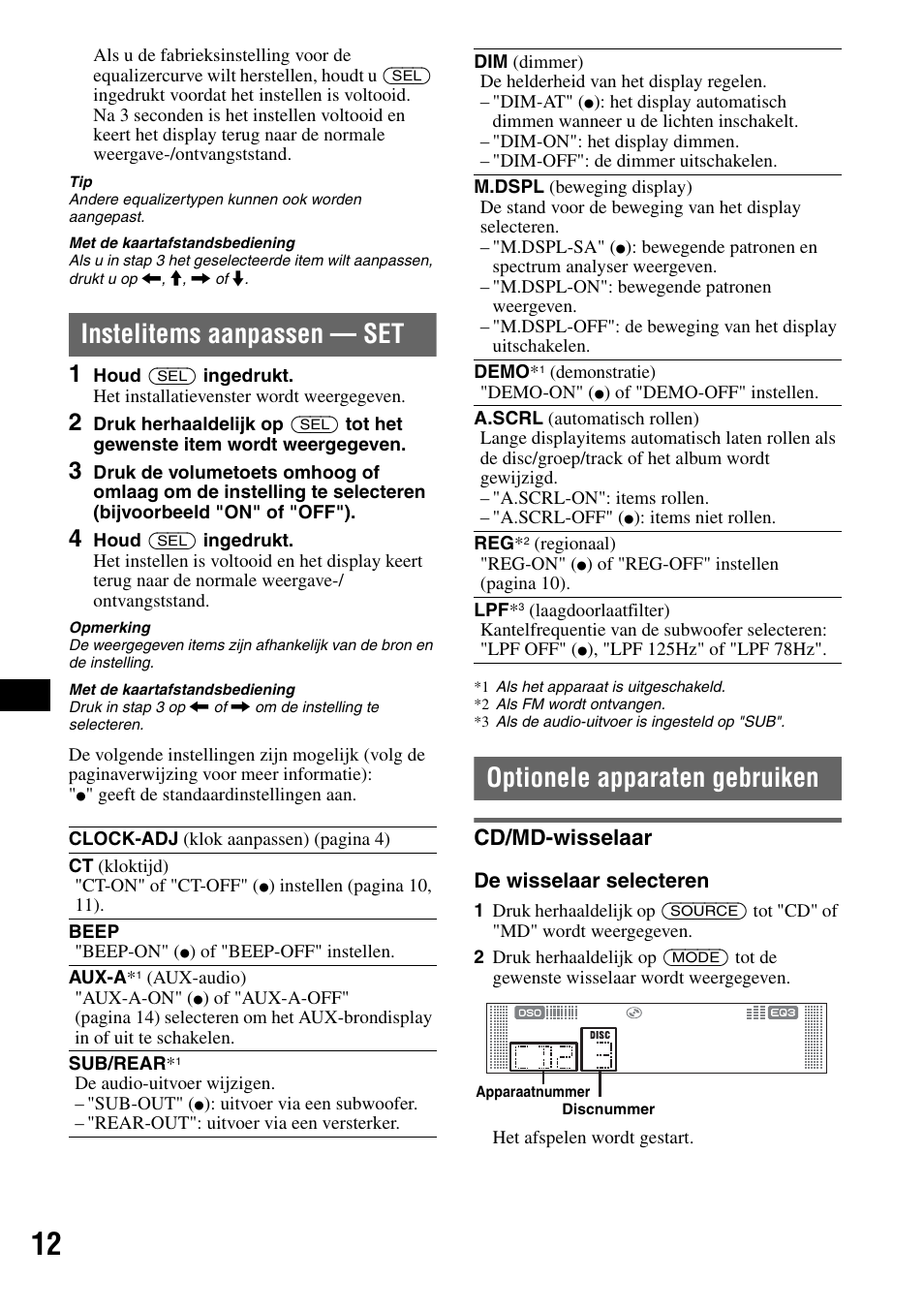 Instelitems aanpassen - set, Optionele apparaten gebruiken, Cd/md-wisselaar | Instelitems aanpassen — set | Sony CDX-RA550 User Manual | Page 90 / 100