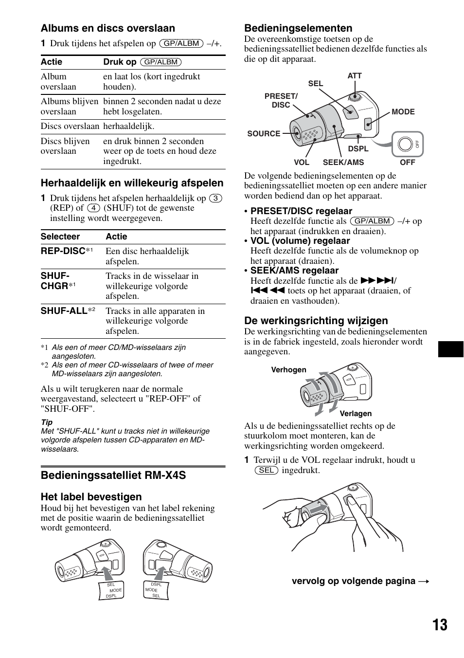 Bedieningssatelliet rm-x4s, Albums en discs overslaan, Herhaaldelijk en willekeurig afspelen | Het label bevestigen, Bedieningselementen, De werkingsrichting wijzigen | Sony CDX-RA550 User Manual | Page 91 / 100
