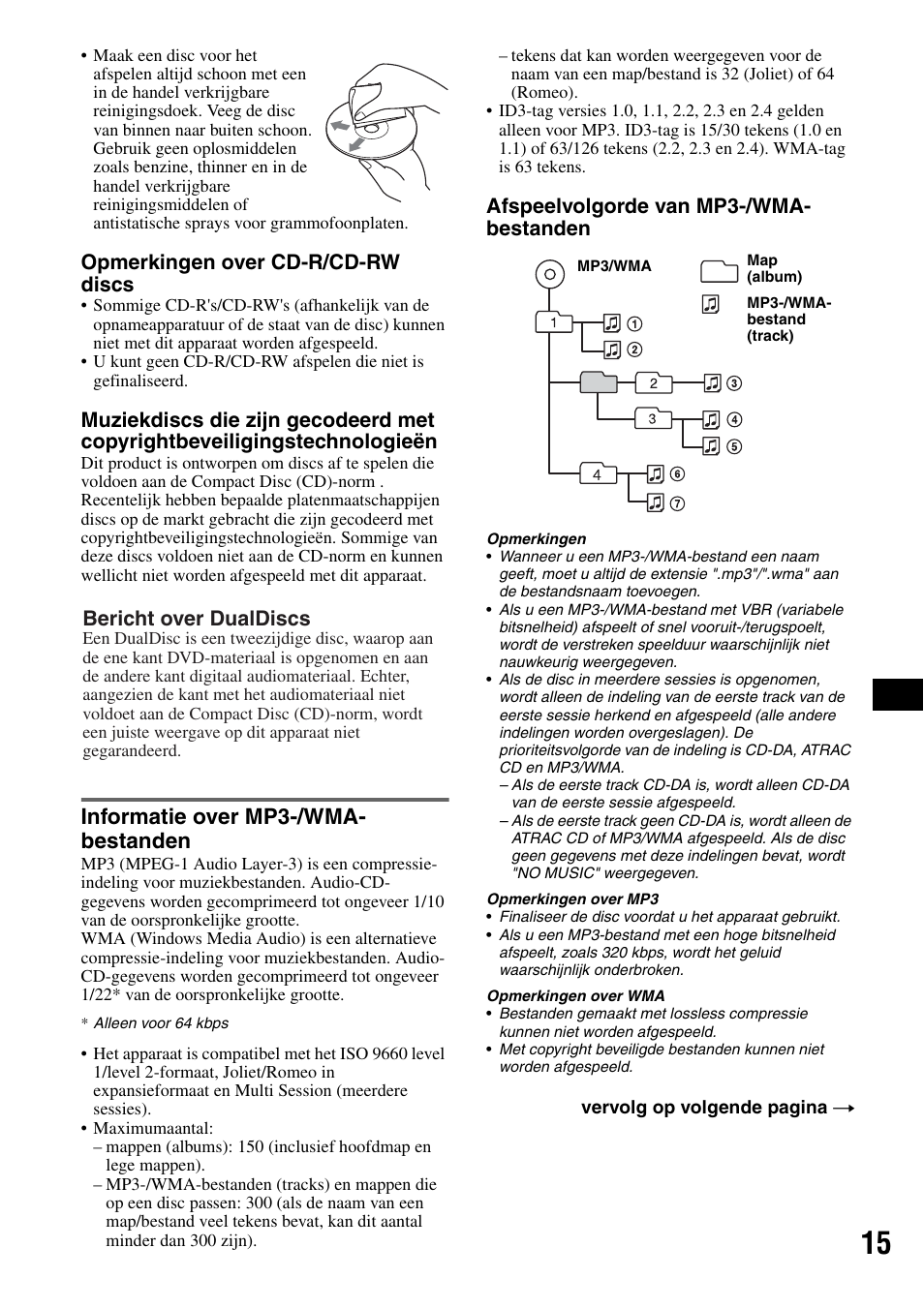 Informatie over mp3-/wma-bestanden, Informatie over mp3-/wma- bestanden, Opmerkingen over cd-r/cd-rw discs | Afspeelvolgorde van mp3-/wma- bestanden, Bericht over dualdiscs | Sony CDX-RA550 User Manual | Page 93 / 100