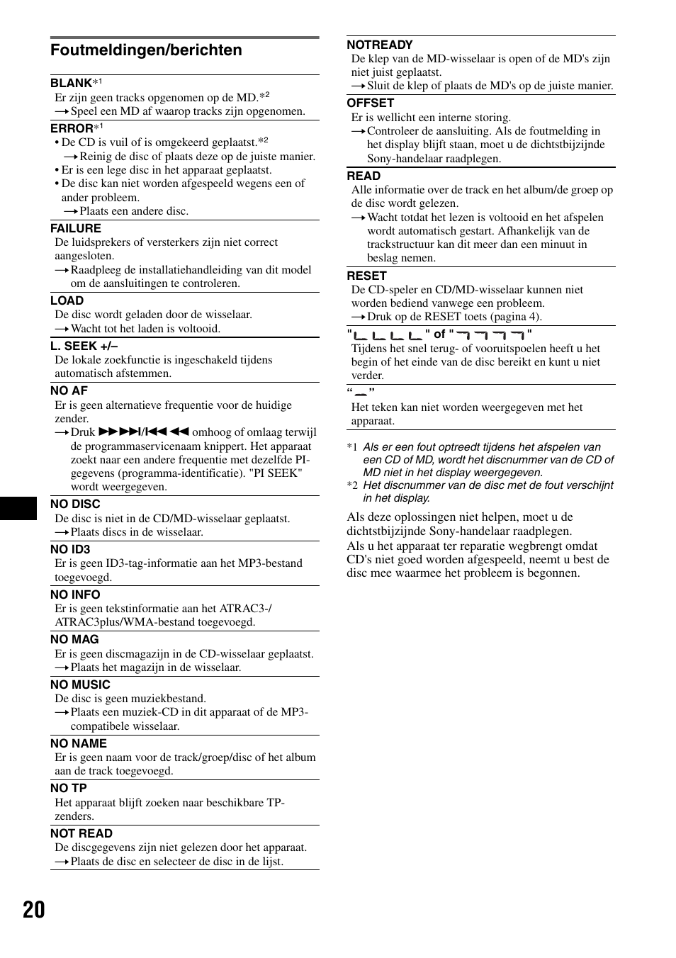 Foutmeldingen/berichten | Sony CDX-RA550 User Manual | Page 98 / 100
