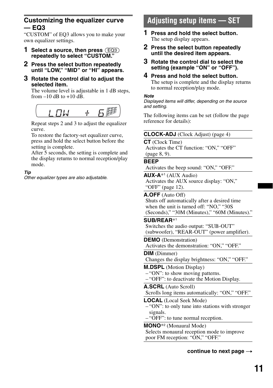 Customizing the equalizer curve - eq3, Adjusting setup items - set, Customizing the equalizer curve — eq3 | Adjusting setup items — set | Sony CDX-GT29 User Manual | Page 11 / 92