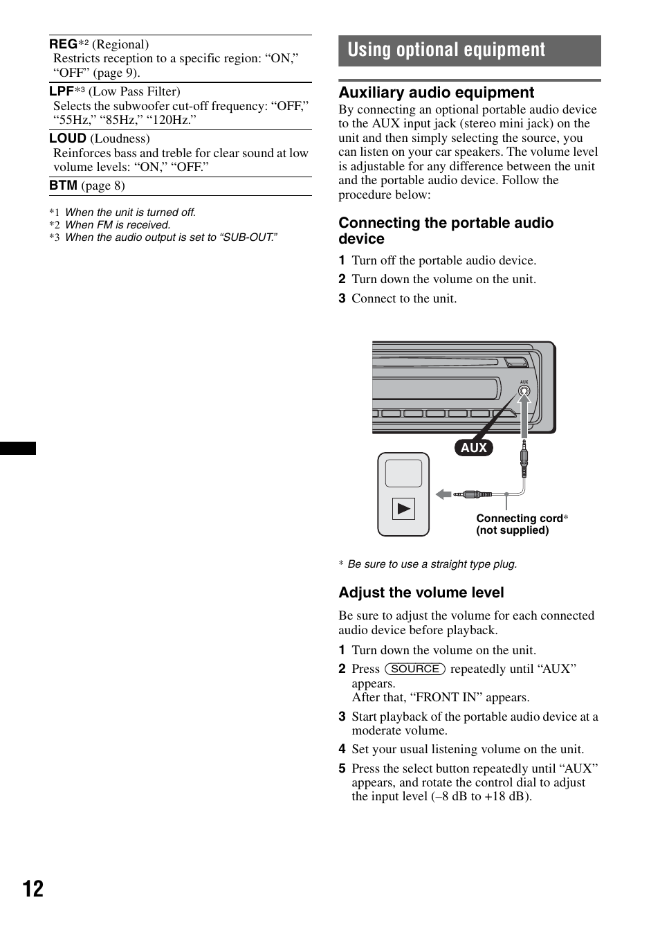 Using optional equipment, Auxiliary audio equipment | Sony CDX-GT29 User Manual | Page 12 / 92