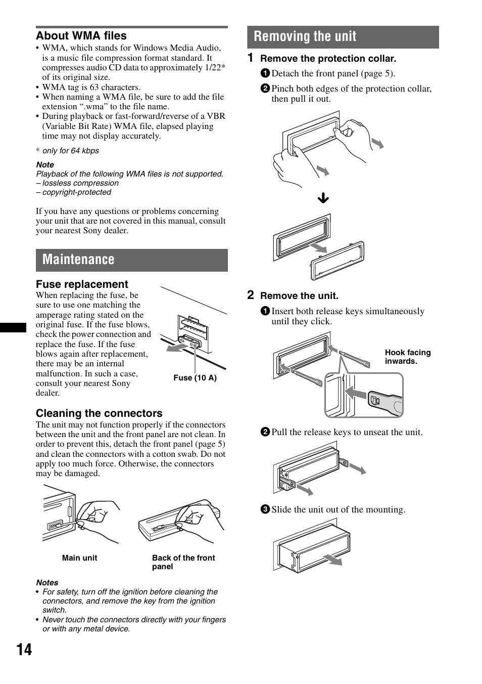 About wma files, Maintenance, Removing the unit | Maintenance removing the unit | Sony CDX-GT29 User Manual | Page 14 / 92