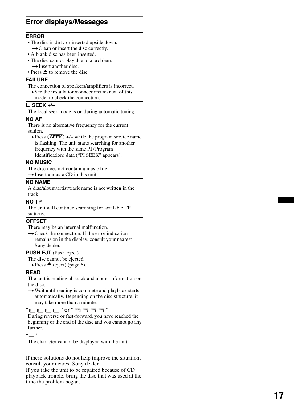 Error displays/messages | Sony CDX-GT29 User Manual | Page 17 / 92