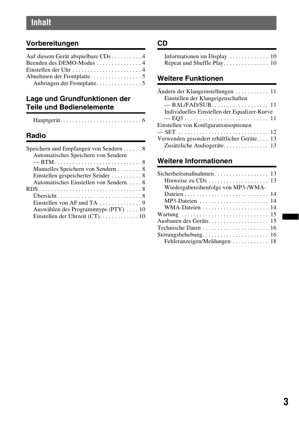 Inhalt | Sony CDX-GT29 User Manual | Page 19 / 92