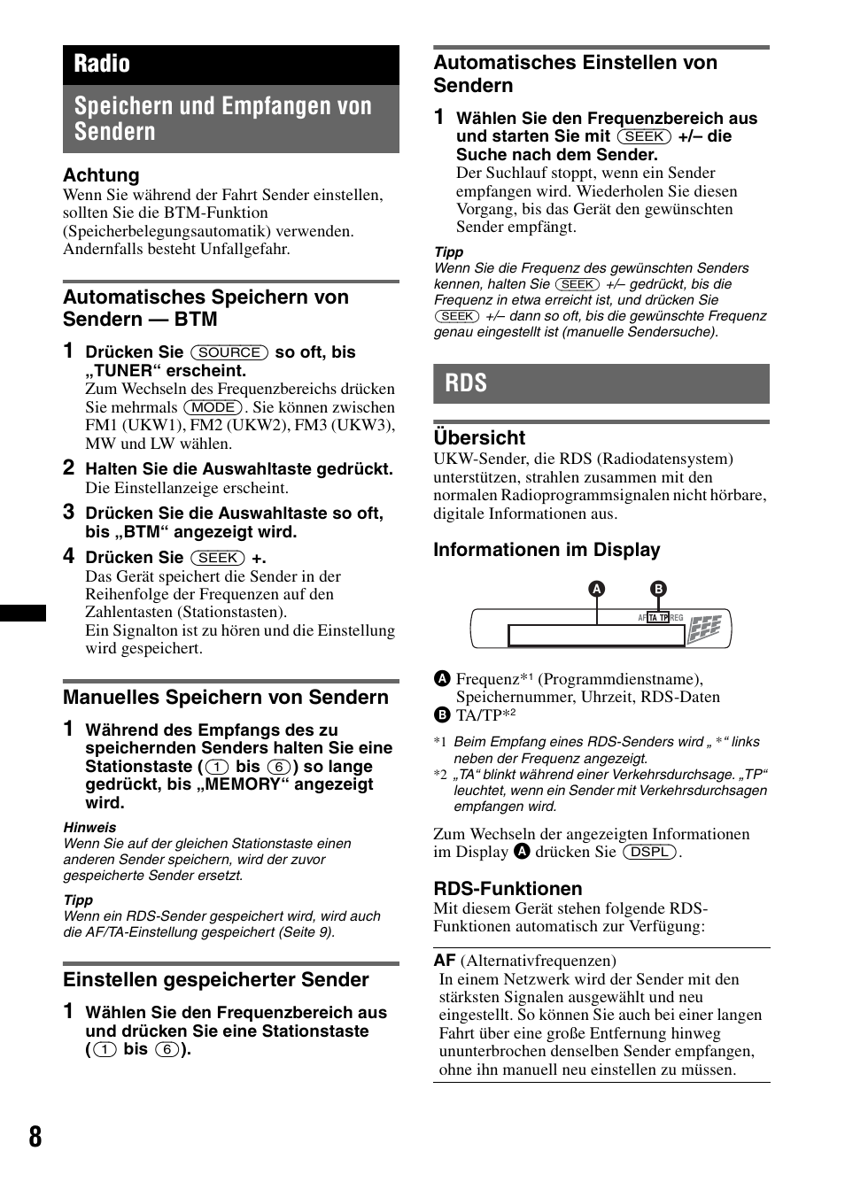 Radio, Speichern und empfangen von sendern, Automatisches speichern von sendern - btm | Manuelles speichern von sendern, Einstellen gespeicherter sender, Automatisches einstellen von sendern, Übersicht, Seite 8, Radio speichern und empfangen von sendern | Sony CDX-GT29 User Manual | Page 24 / 92