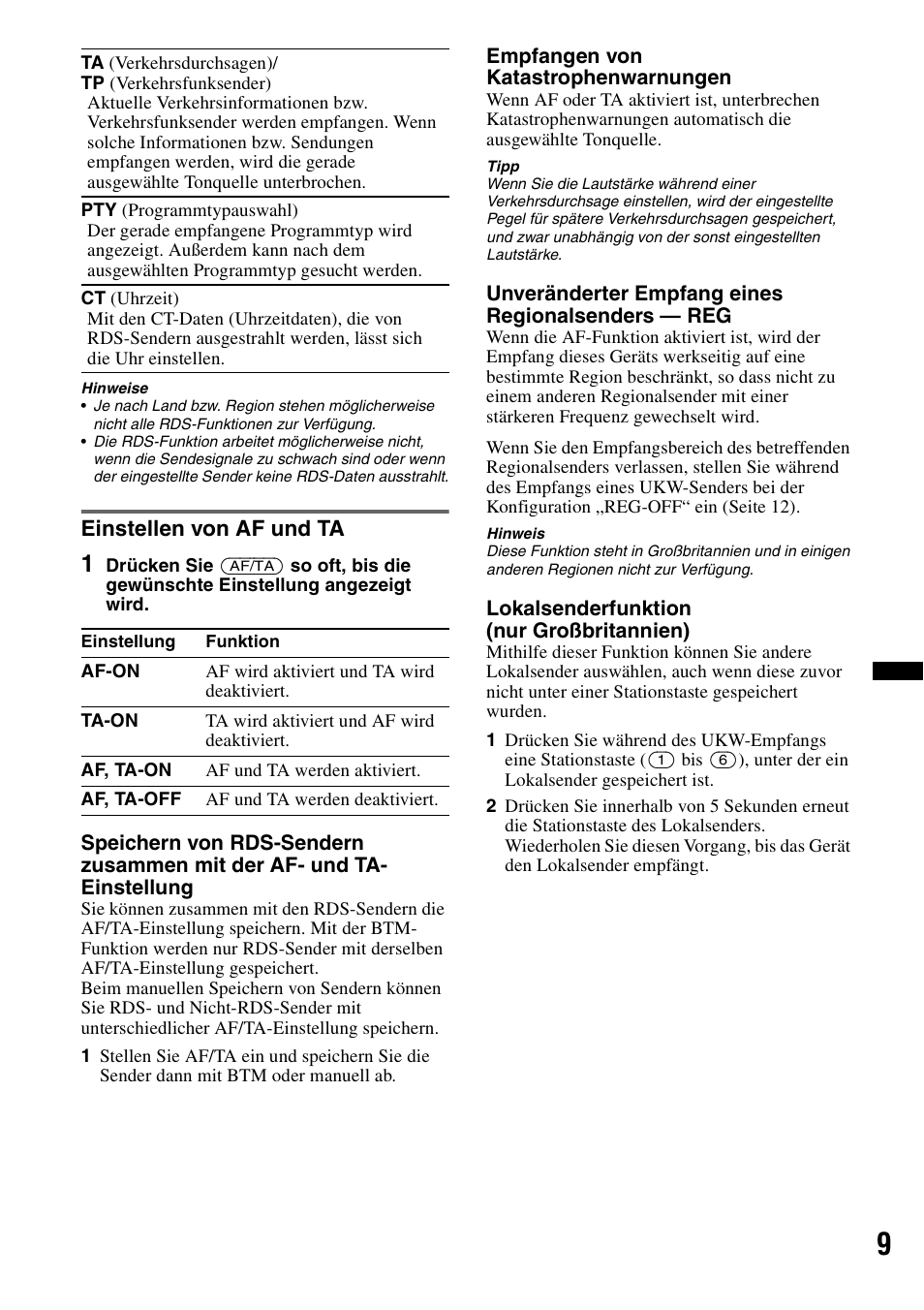 Einstellen von af und ta, Seite 9, 10 | Sony CDX-GT29 User Manual | Page 25 / 92