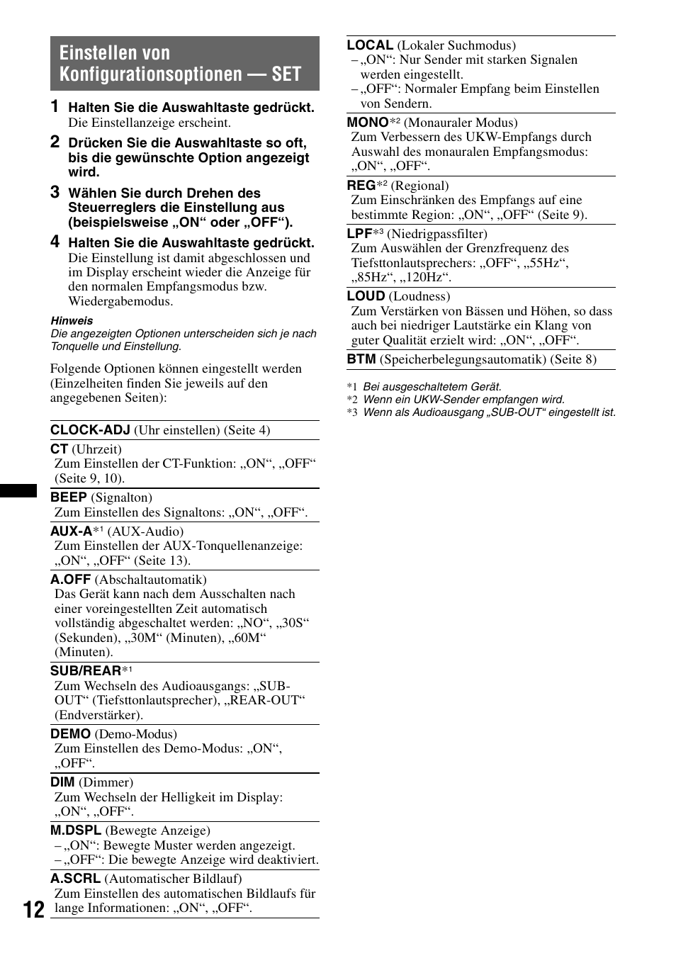 Einstellen von konfigurationsoptionen - set, Einstellen von konfigurationsoptionen — set | Sony CDX-GT29 User Manual | Page 28 / 92