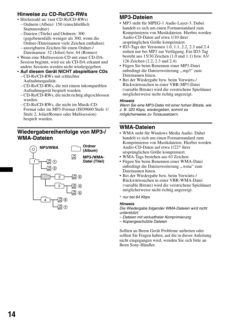 Wiedergabereihenfolge von mp3-/ wma-dateien, Mp3-dateien, Wma-dateien | Hinweise zu cd-rs/cd-rws | Sony CDX-GT29 User Manual | Page 30 / 92