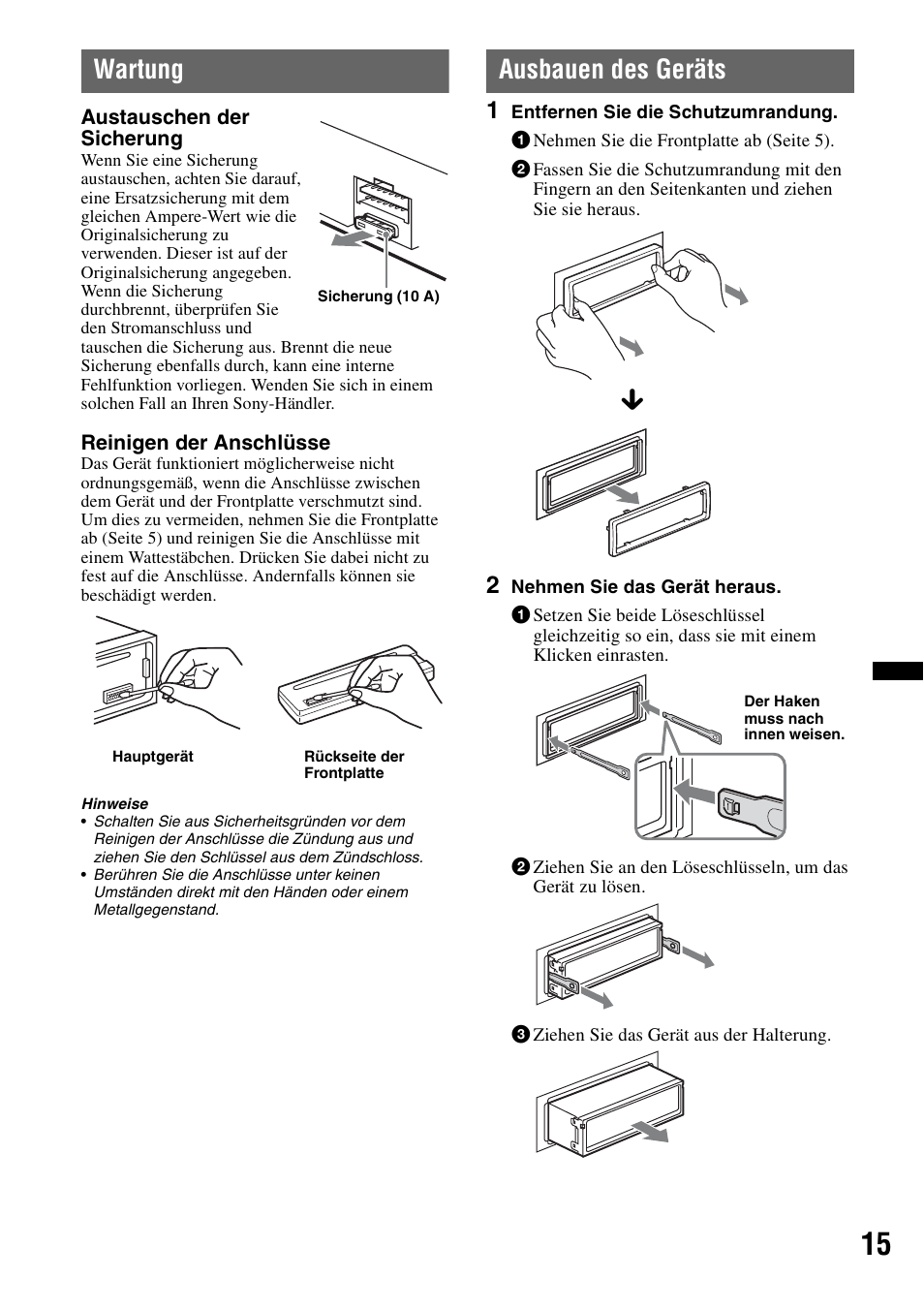 Wartung, Ausbauen des geräts, Wartung ausbauen des geräts | Sony CDX-GT29 User Manual | Page 31 / 92