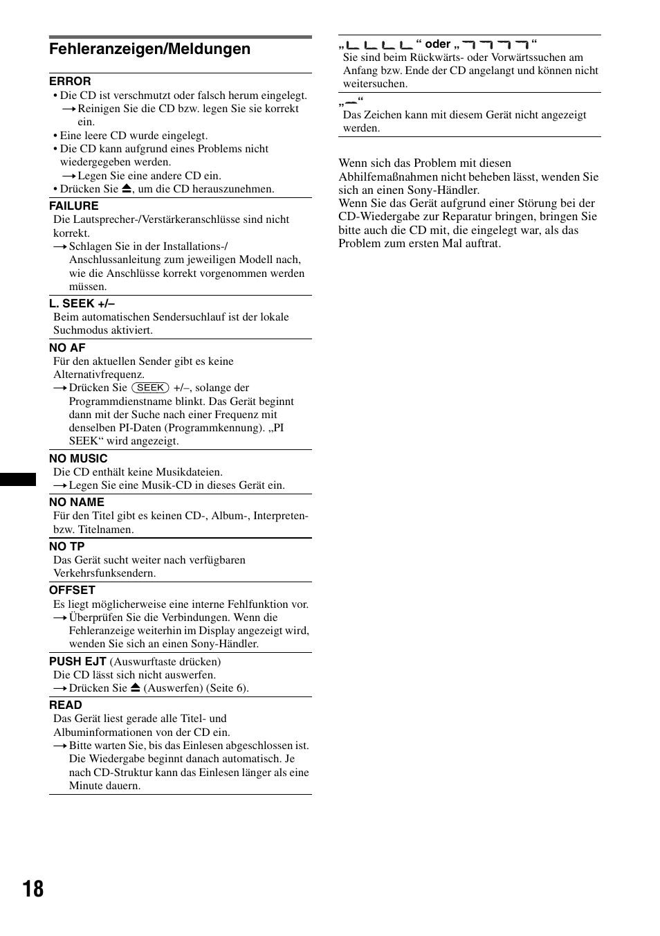 Fehleranzeigen/meldungen | Sony CDX-GT29 User Manual | Page 34 / 92
