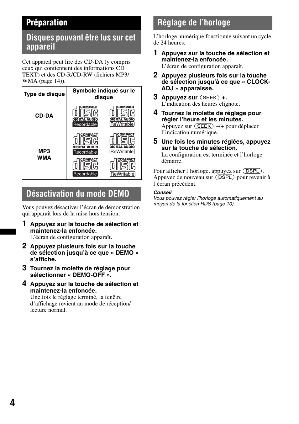 Préparation, Disques pouvant être lus sur cet appareil, Désactivation du mode demo | Réglage de l’horloge | Sony CDX-GT29 User Manual | Page 38 / 92