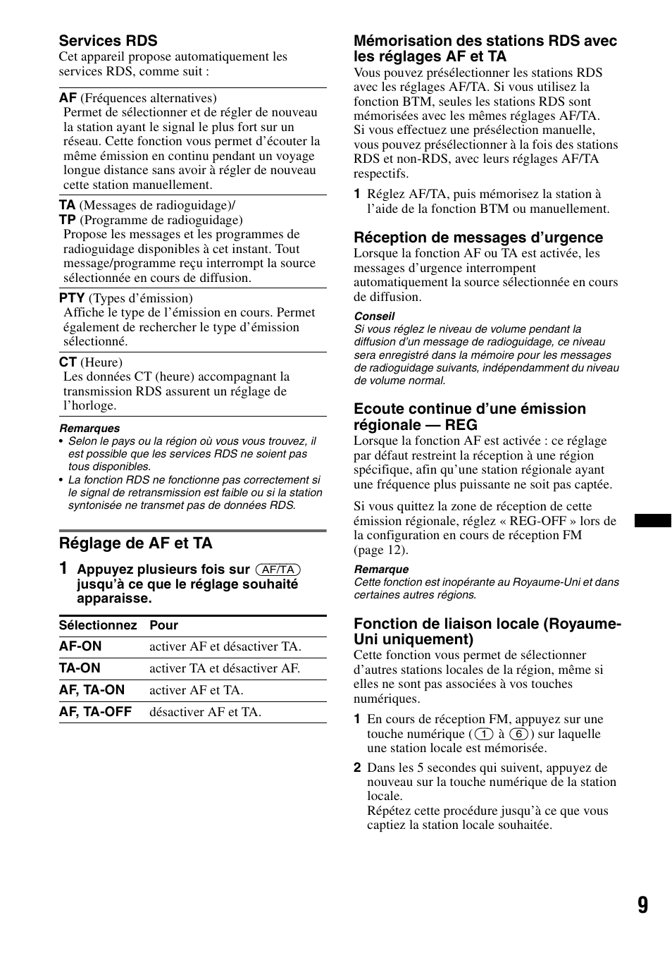 Réglage de af et ta | Sony CDX-GT29 User Manual | Page 43 / 92