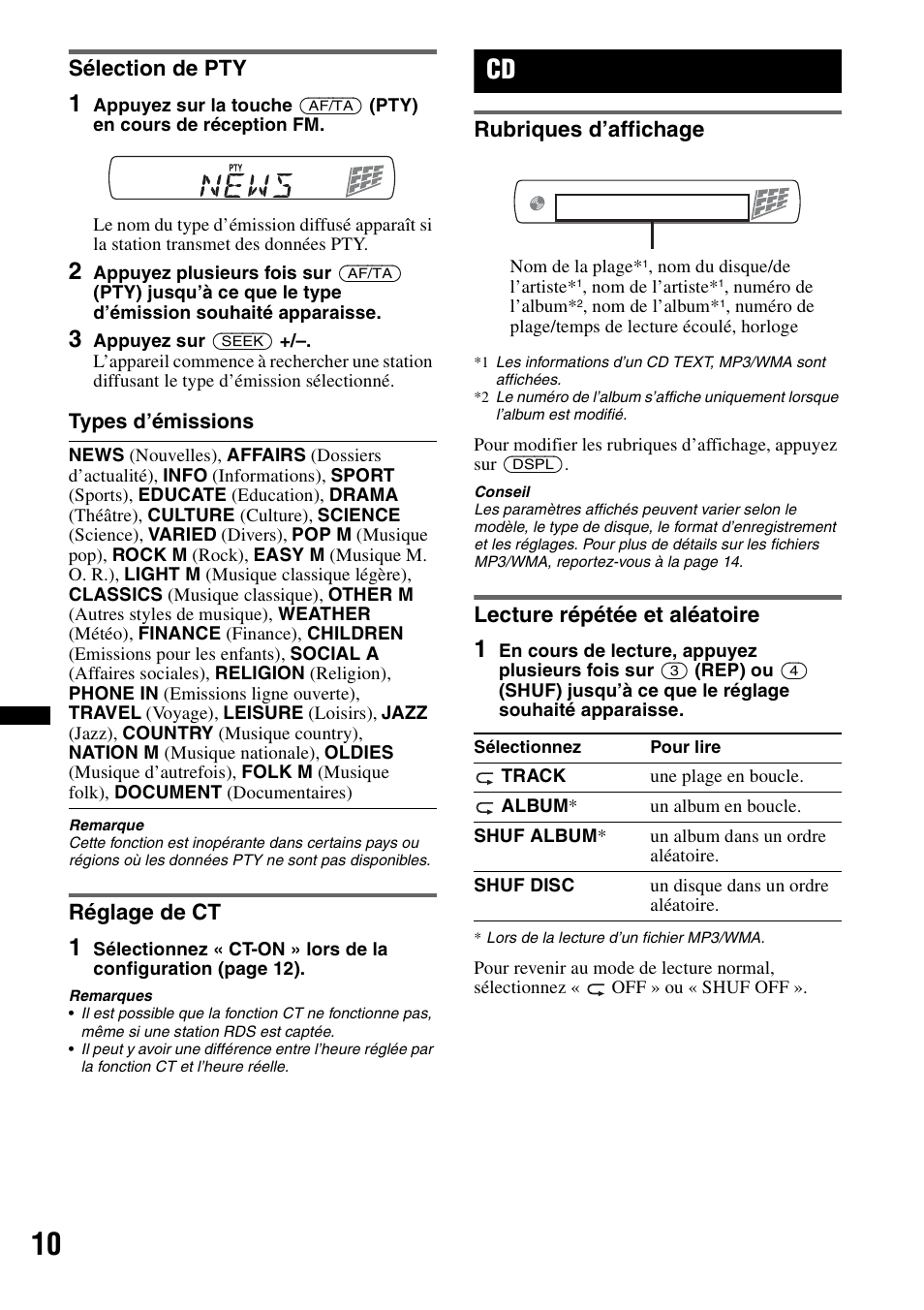 Sélection de pty, Réglage de ct, Rubriques d’affichage | Lecture répétée et aléatoire, Sélection de pty réglage de ct, Rubriques d’affichage lecture répétée et aléatoire | Sony CDX-GT29 User Manual | Page 44 / 92