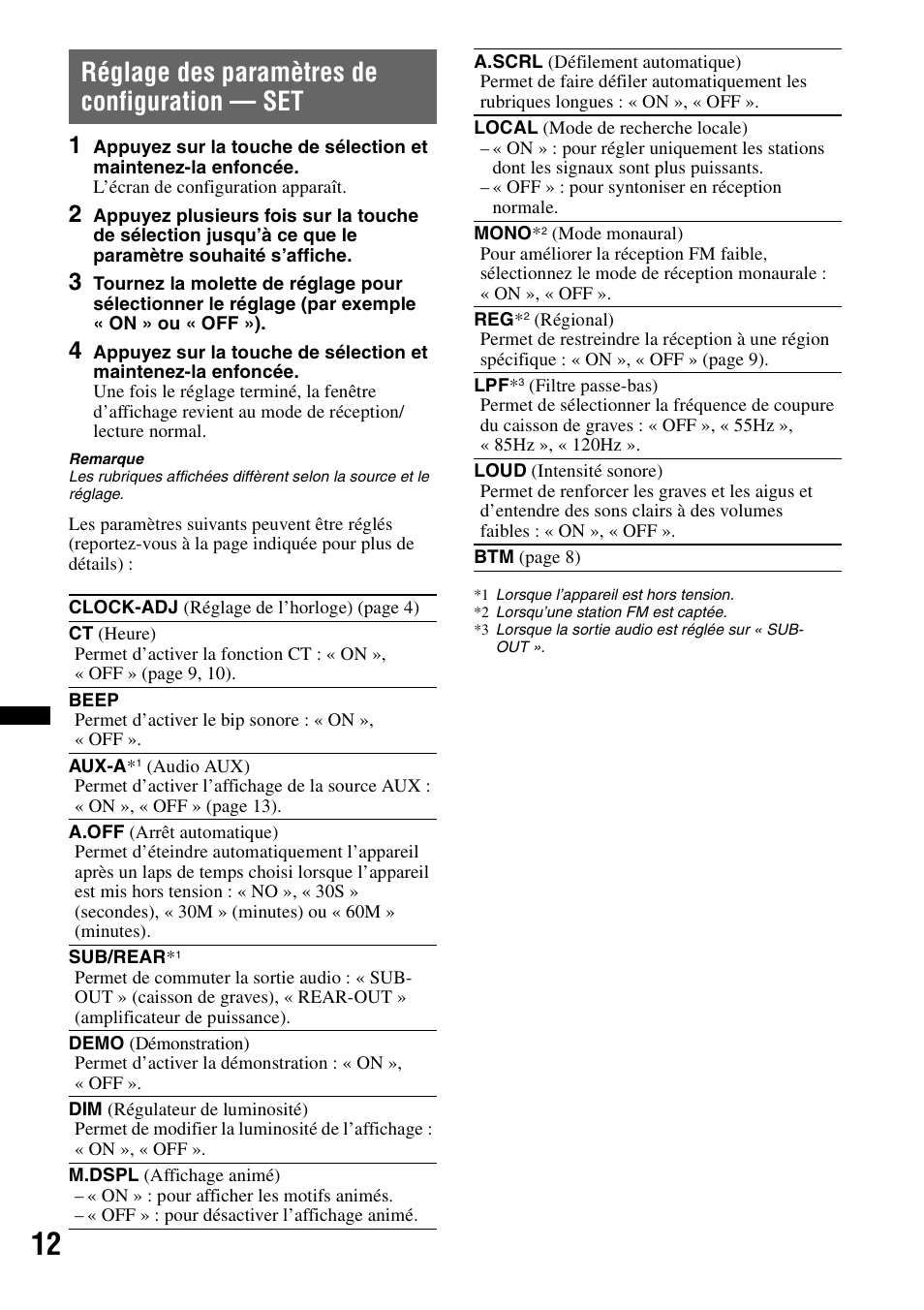 Réglage des paramètres de configuration - set, Réglage des paramètres de configuration — set | Sony CDX-GT29 User Manual | Page 46 / 92